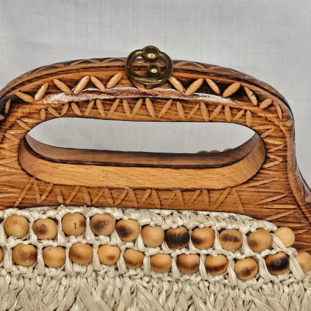 Vintage‎ Japan Raffia Straw Handbag Wood Beaded Top Handle Boho 60s 70s